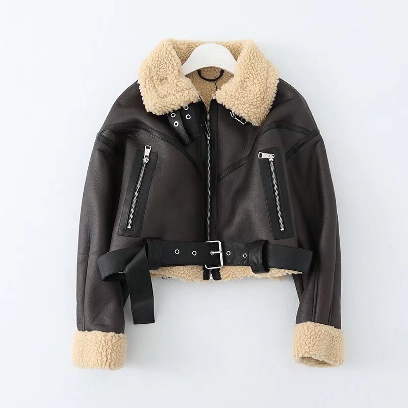 Picture of Lapel Maillard Style 2025 Winter Short Lamb Wool Tops Hot Girl Style Fur All-In-One Motorcycle Wear Top