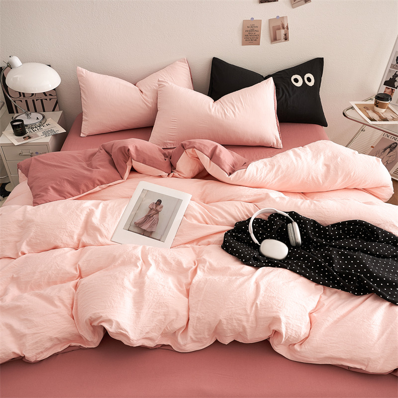 Picture of Four-piece bed set A can sleep naked wash cotton quilt cover solid color bed sheets student dormitory three-piece bed hat wholesale 4