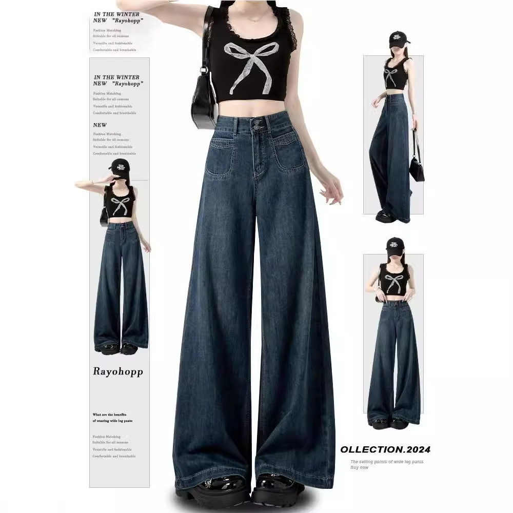 dark blue American Jeans 2024 plus size New Retro High Waist Slimming Loose Spring and Autumn Trousers