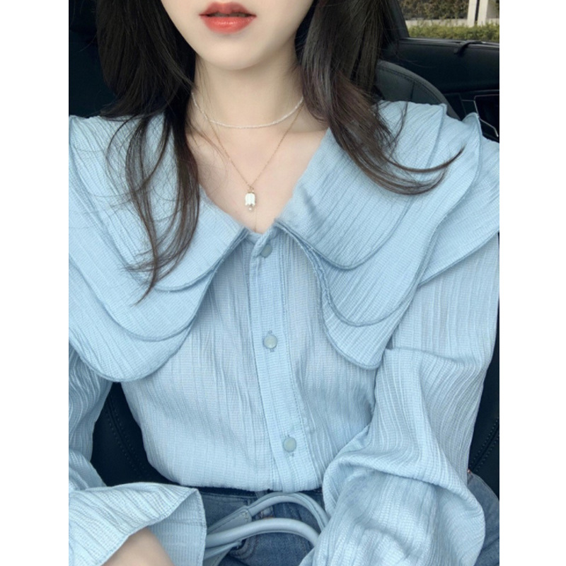 Spring and Summer Clothing 2024 New Design Niche Gentle French Top Blue Doll Collar Shirt Fairy