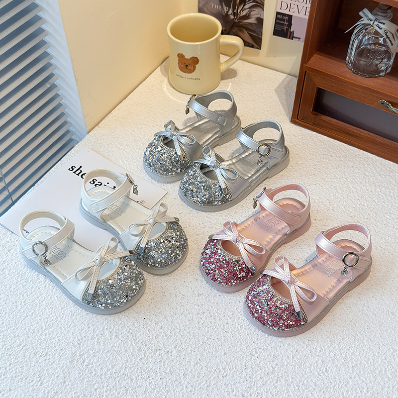 Girls' Sandals Princess Summer 2025 New Crystal Shoes Princess Style Baotou Shoes Bow Soft Bottom Baby Shoes