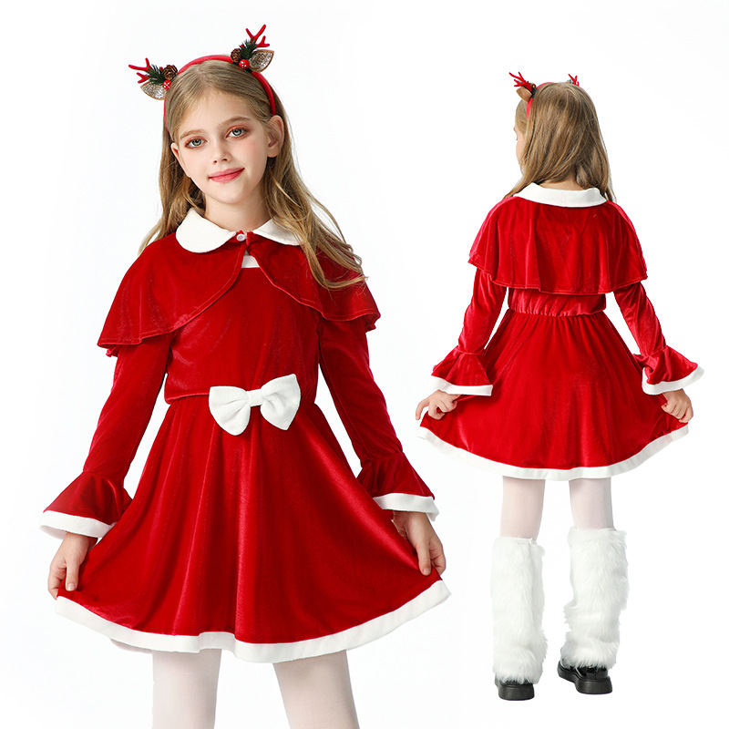 2025 Christmas Kidsren's Clothing Girls Red Skirt Shawl Cloak Dress Santa Claus Kidsren's Clothing Cross-Border