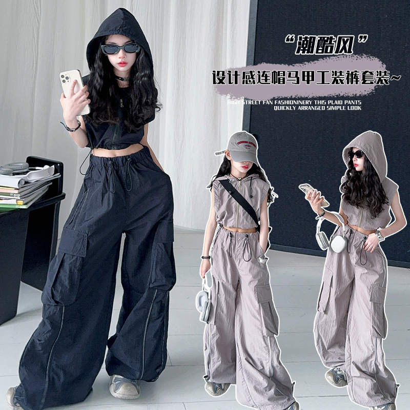 Girls' Summer suit 2025 New American-style Niche Design Drawstring Loose Overalls Two-piece Fashionable Set