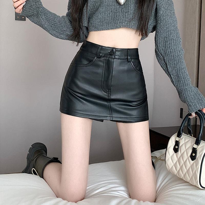 Black A-line Small Leather Skirt for Women Autumn and Winter New Style pure Color Versatile Slimming Look One-step Skirt pu Leather Short Skirt