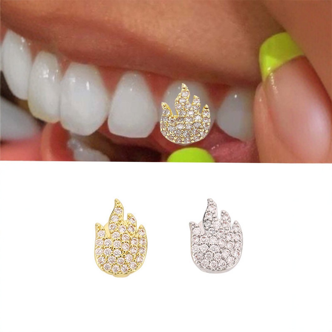 Amazon Hot Sale Christmas Flame Single Braces Full Zirconium Hip Hop Gold Plated Braces bling Micro Zircon