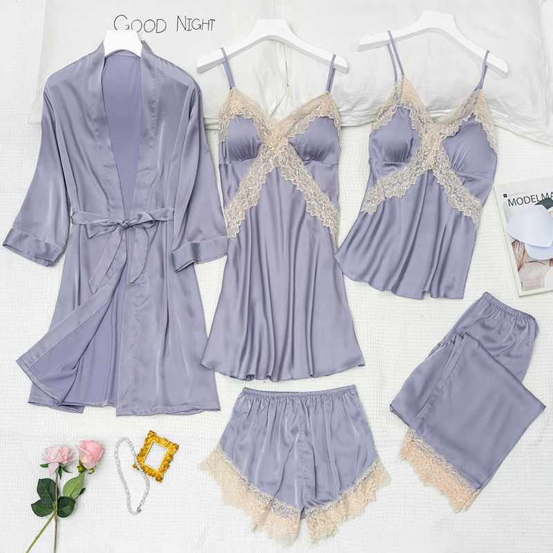 Picture of Spring and Summer Women's Pajamas, Ice Silk Thin Five-Piece Set, Sexy Camisole Nightdress, Large Size Loose Nightgown with Chest Pad, Loungewear