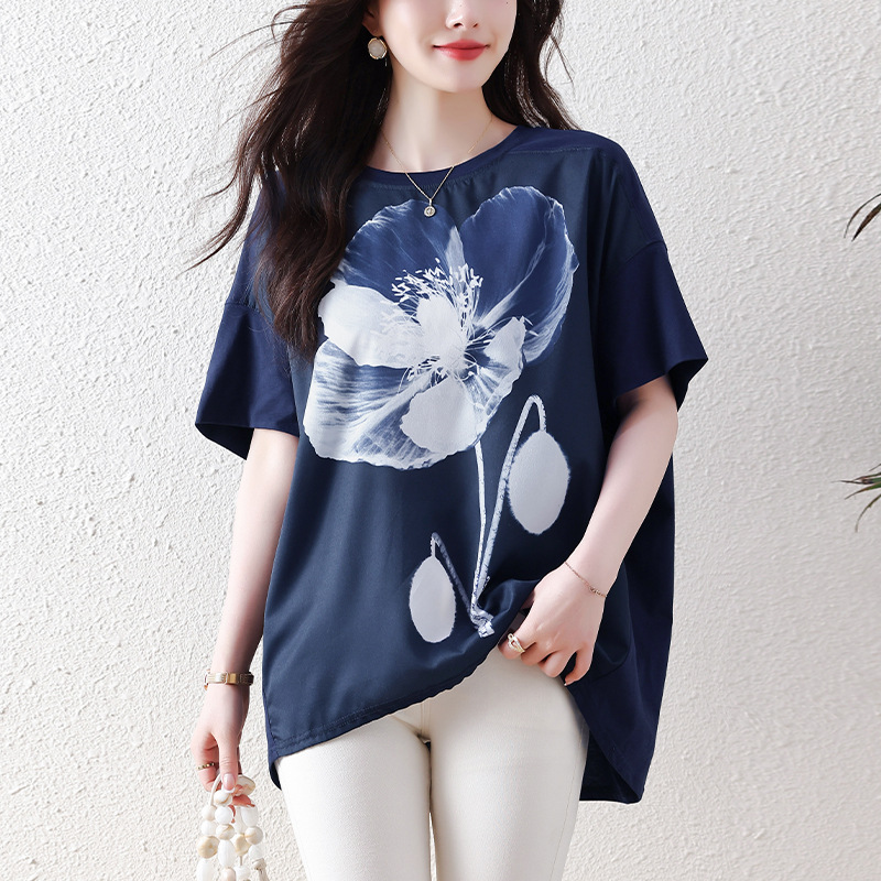 2024 Summer New Women's Ink Painting Printed Short Sleeve Front Short Back Long Loose plus size Slim T-Shirt Women's Top