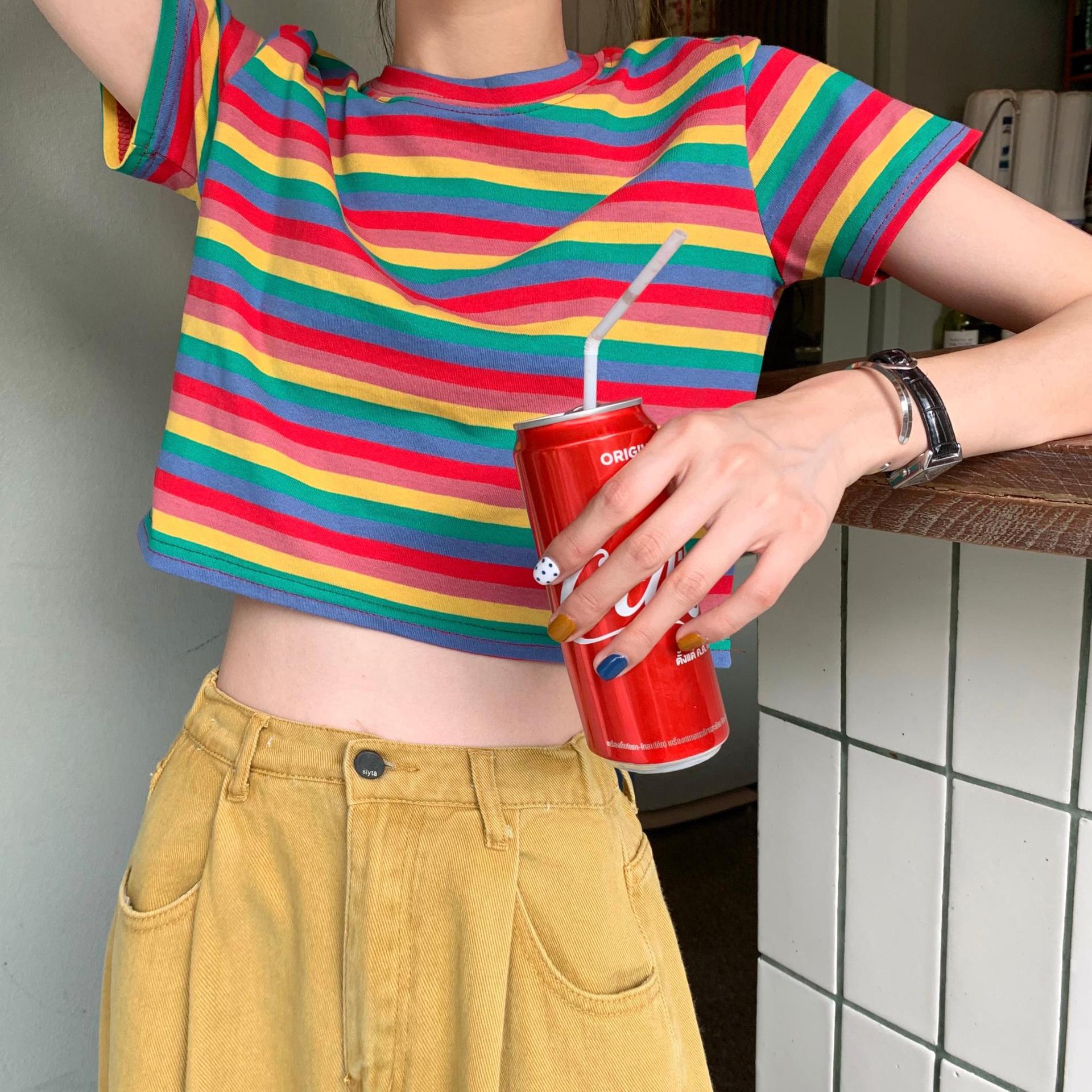 2024 New Summer Short-Sleeved T-Shirt Top Super Hot Cec Loose Rainbow Stripesd Short-Sleeved T-Shirt for Women Ins Trend