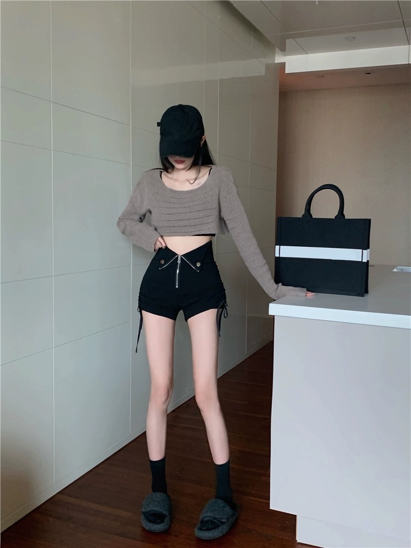 Season hot pants thin high waist slimming wide leg pants small drawstring casual shorts women's summer black straight