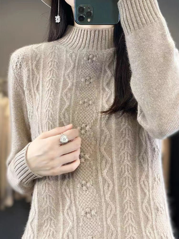 Half-turtleneck twist sweater women's autumn and winter 2024 new Korean version of solid color thickened knitted base shirt women's top