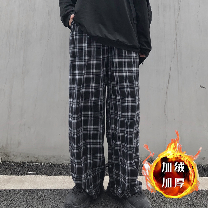 Cross-border autumn and winter fleece-lined thickened pants Korean style loose plaid straight trousers Western style casual slimming wide-leg pants