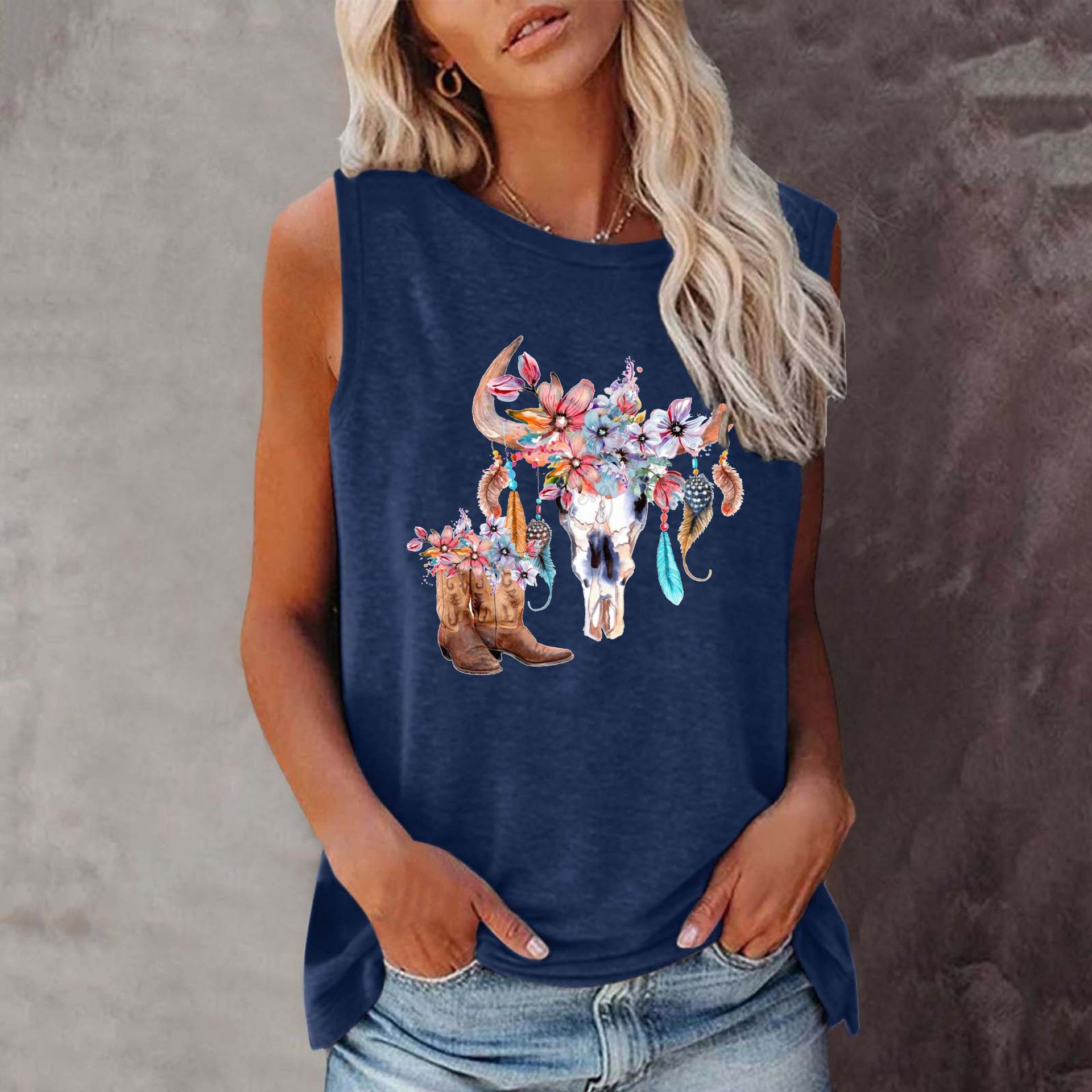 2022 AliExpress cross-border sunflower cow head pattern loose casual round neck sleeveless women's T-shirt