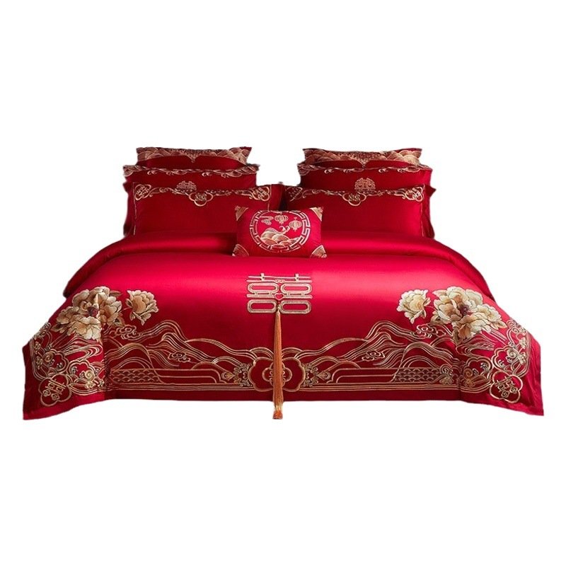 Cotton Wedding Four-piece Wedding Cotton Six-piece Long-staple Cotton Big Red Dragon and Phoenix Wedding Bedding