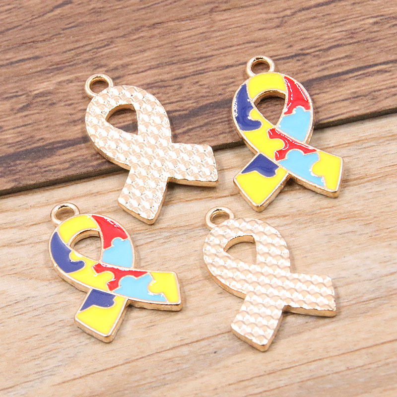 Picture of 8 Styles, 2 Colors DIY Alloy Jewelry Contrasting Color Puzzle Autism Pendant Round Heart Puzzle Asymmetrical Pendant