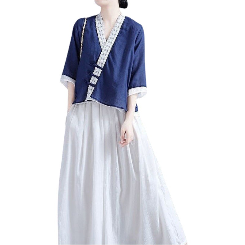 Cotton Linen Cardigan Coat Women's Loose Summer V-neck Seven-sleeve T-shirt Shirt Artistic Retro Stitching Contrast Top