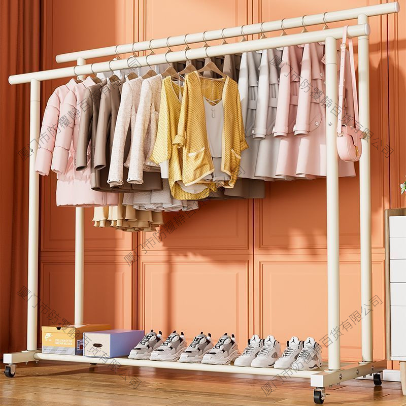 Picture of Clothes Rack, Extra Thick Floor-Standing Vertical Household Bedroom Clothes Rack, Simple Double-Row Clothes Rod with Wheels