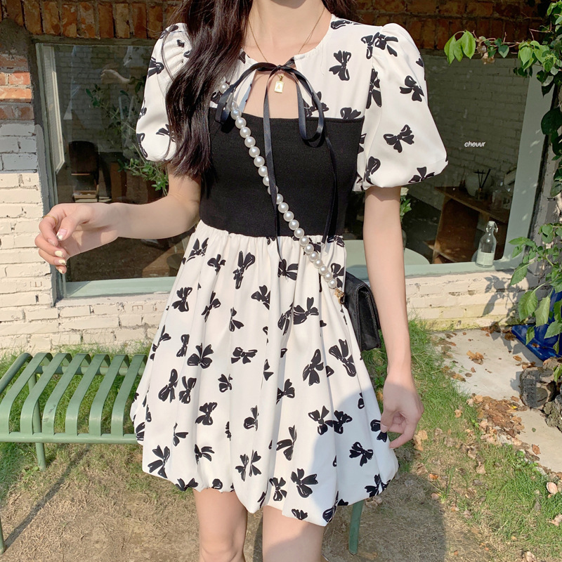 Contrast Color Stitching Tea Break French Retro Black Floral Dress Women's Summer Gentle High-end Hepburn Style Small Black Dress