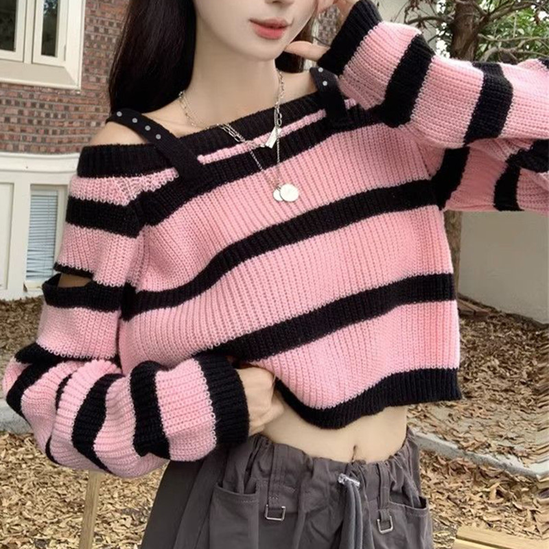 Picture of Sweet and spicy sweater women's autumn online celebrity new high-grade strap off-shoulder striped contrast color long-sleeved top