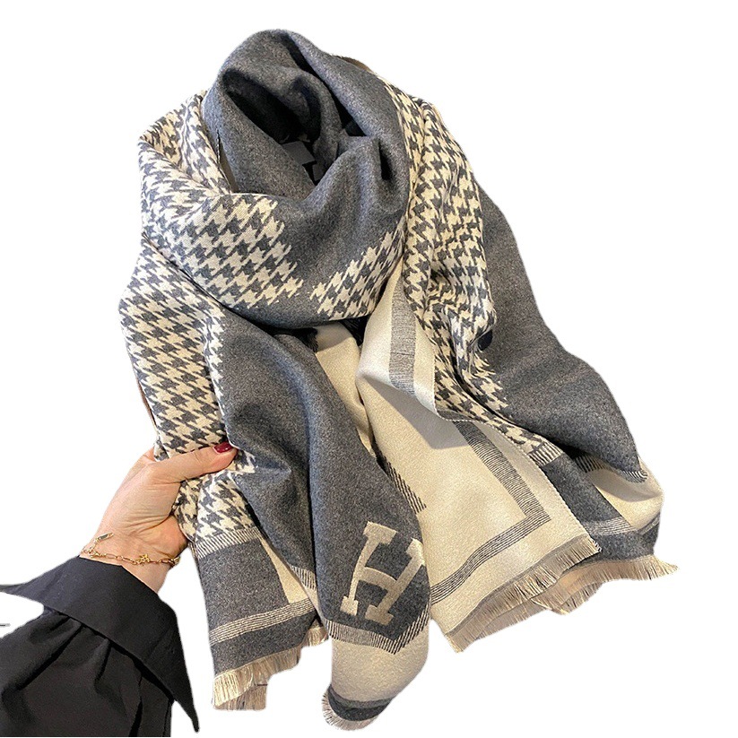 Classic Korean Style Fashion Letter Houndstooth Imitation Cashmere Scarf Women's Winter Thickened Double-Sided Air Conditioning Shawl Scarf Women's Neck