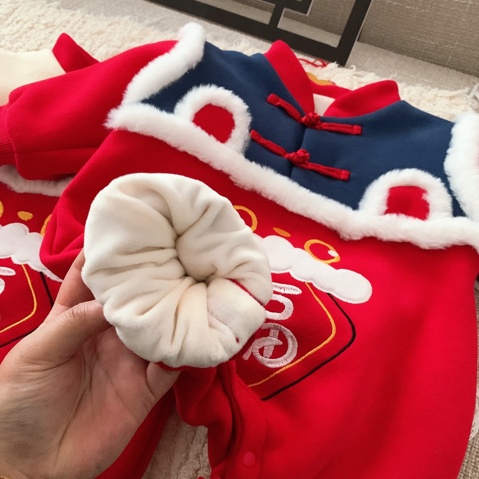 Picture of Baby New Year greeting clothes winter festive fleece-lined thickened jumpsuit men's and women's baby rabbit year warm romper outing clothes