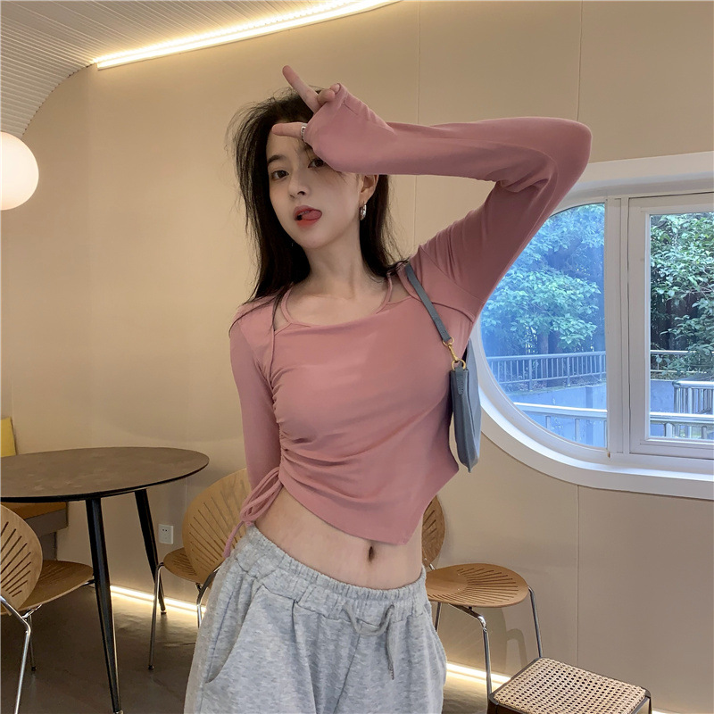 Bottoming Shirt for Women Autumn and Winter 2025 New Sweet Hottie Slim Asymmetrical Suspbottomer Short Top Girl Long-Sleeved T-Shirt