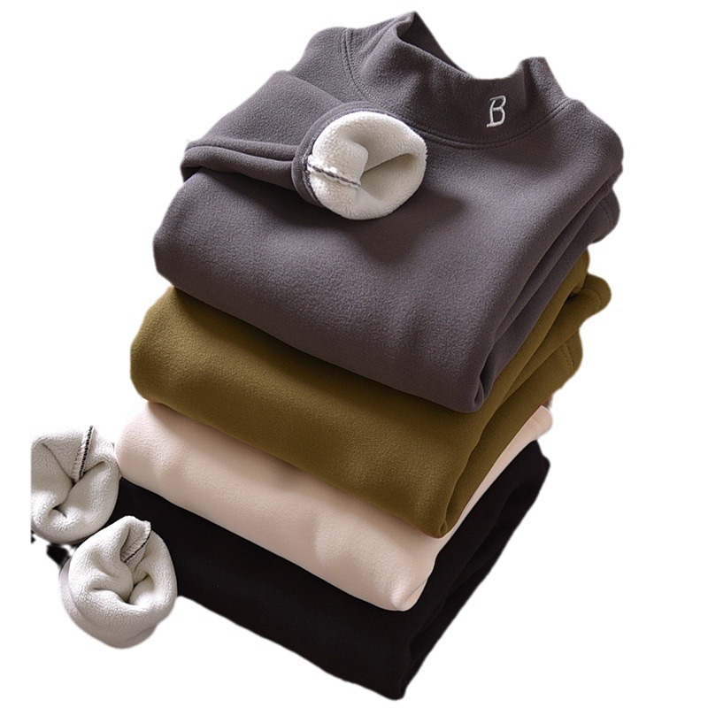 Picture of Boy's velvet autumn and winter half turtleneck warm clothes winter fleece-lined thickened medium and large children's solid color bottoming shirt boy