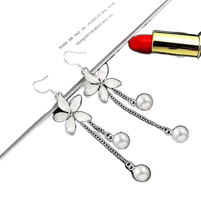 Internet Celebrity Lala Flower Earrings, Feminine Fairy Tassel Pearl Earrings, Simple Long Earrings