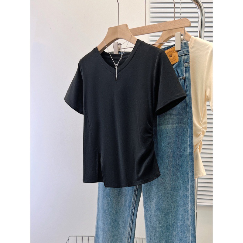Picture of Niche Design Sense Solid Color Split Hem Short-sleeved T-shirt Women's Summer Outer Wear Slim-fit Base Shirt Short-sleeved Top