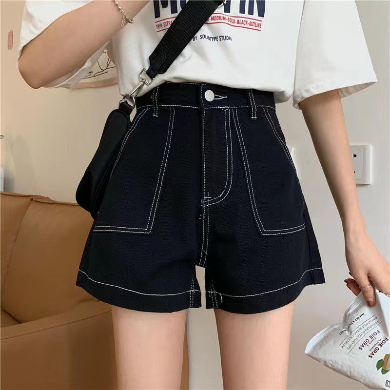 Picture of Summer New High-Waisted Denim Shorts for Women with Niche Design, Slimming Look and Belly-Covering Gradient A-Line Wide-Leg Pants Wholesale