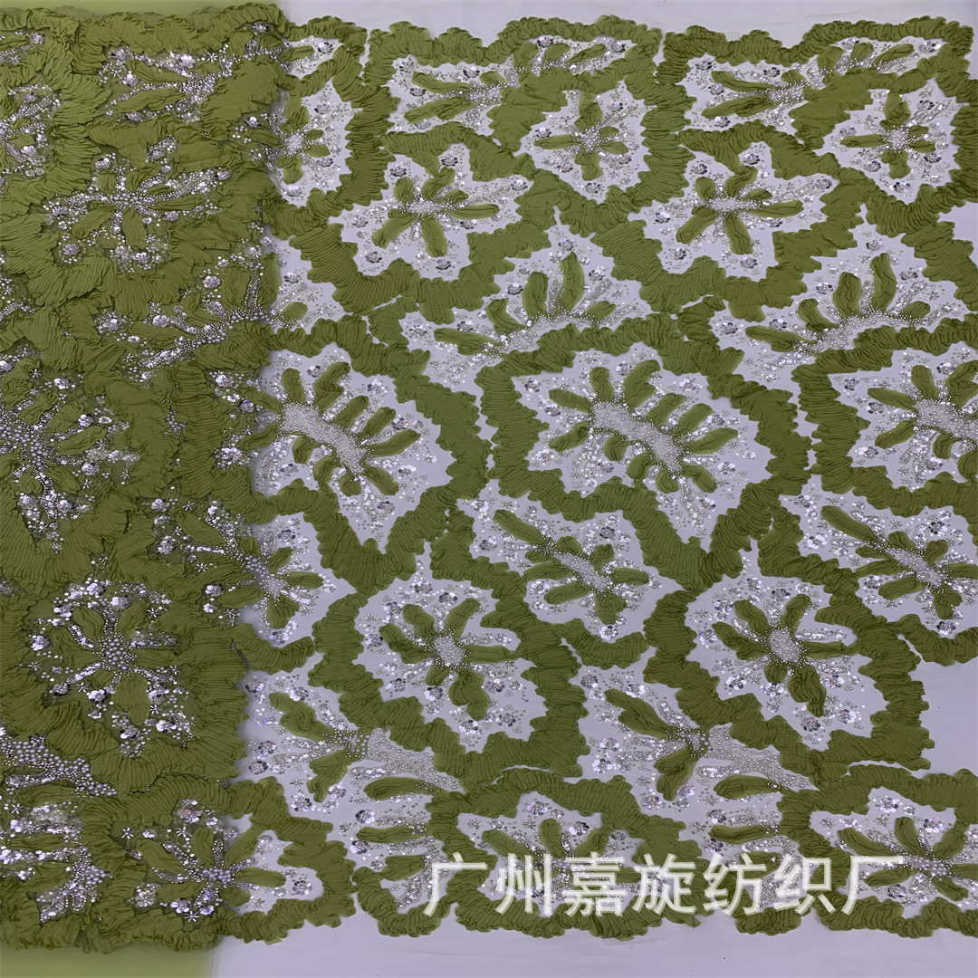 Hot selling full plate ribbon flower and leaf design, bead tube sequin embroidery fabric, high-end dress, performance costume, cheongsam handmade fabric