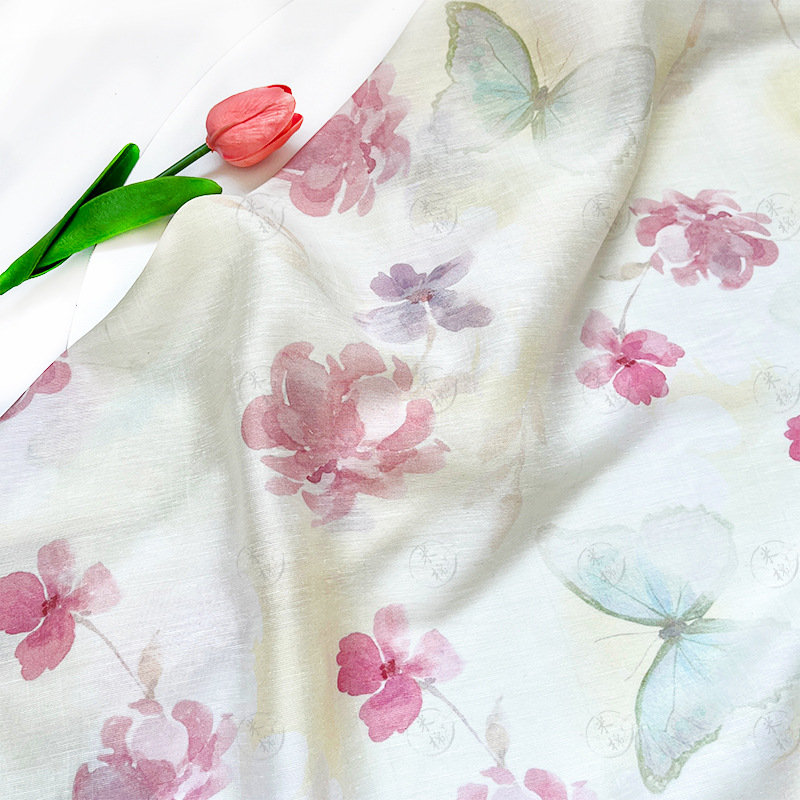 Butterfly around the flower ting, gauze skirt, Hanfu shirt, cheongsam, new Chinese style Tencel linen fabric, handmade DIY fabric