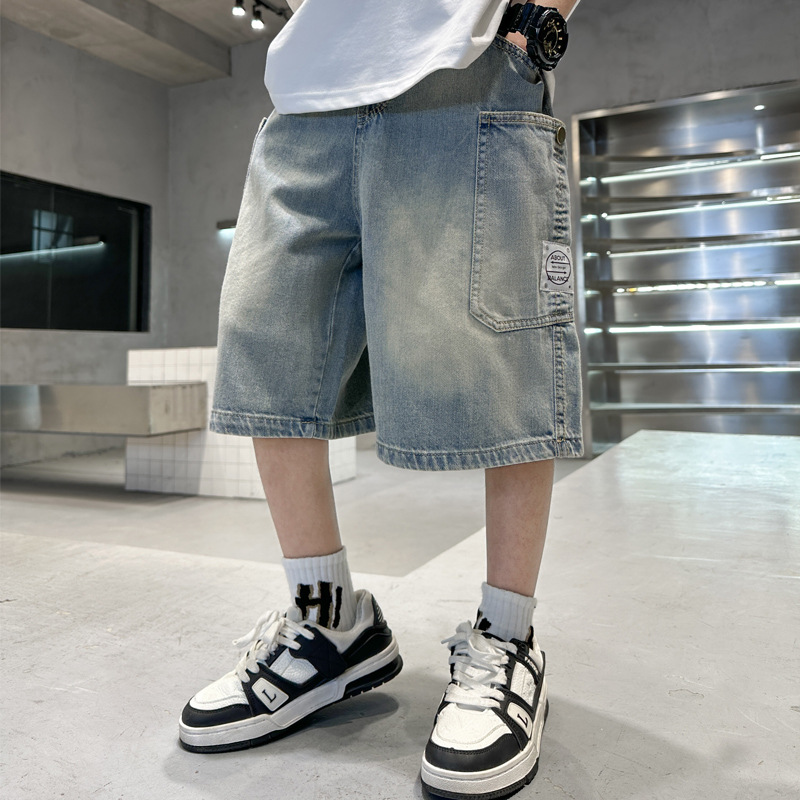 Boys' Pants Summer 2025 New Children's Mid-Length Casual Cargo Pants, Big Kids Denim Shorts, Knee-Length Trendy Pants