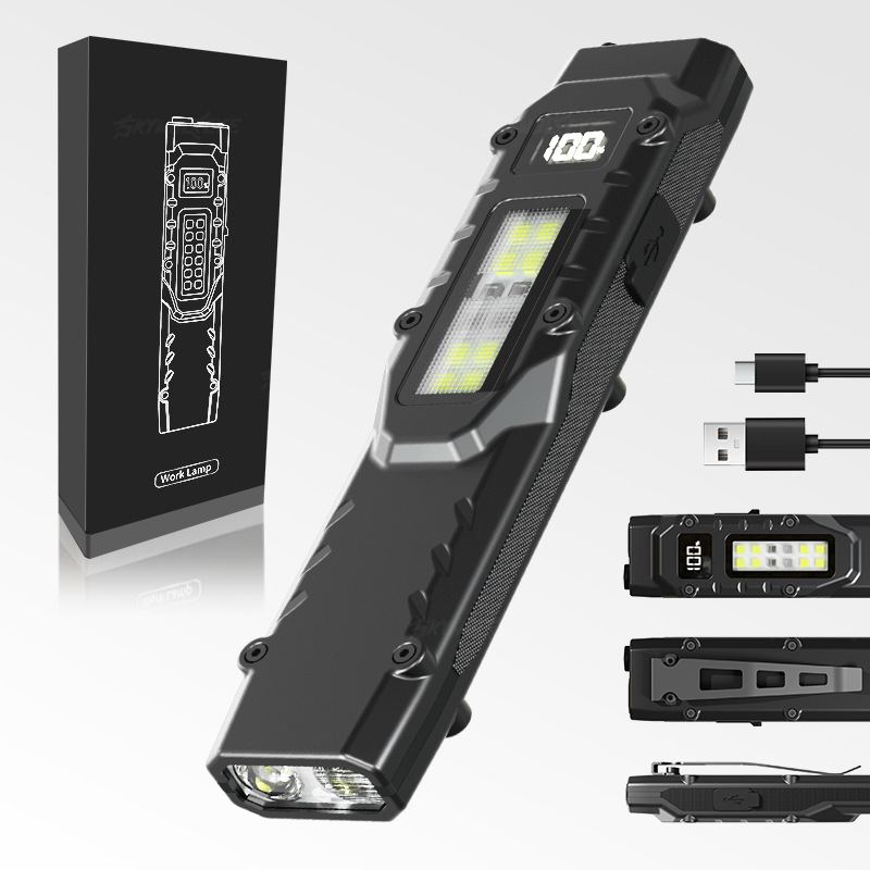Cross-border new ultra-thin mini portable with digital display work light three light source outdoor camping strong light tactical flashlight