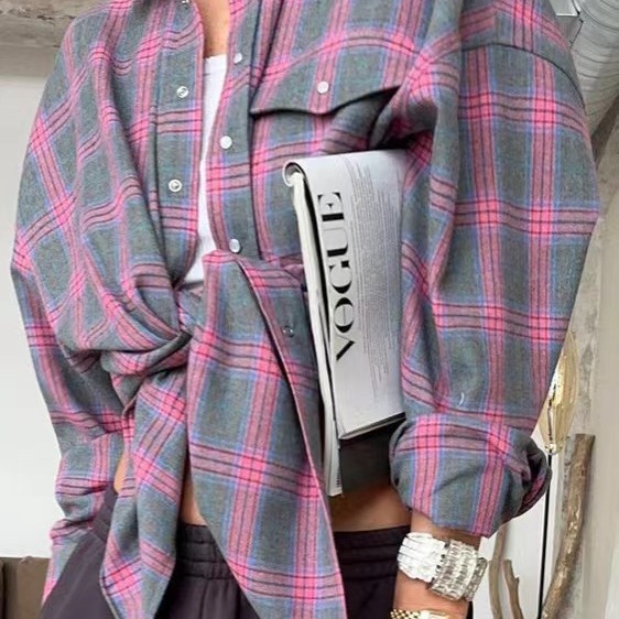 2024 Spring and Autumn Amazon OZON Cross-border Retro Style All-match Loose Shirt * Fashion All-match Plaid Shirt Women