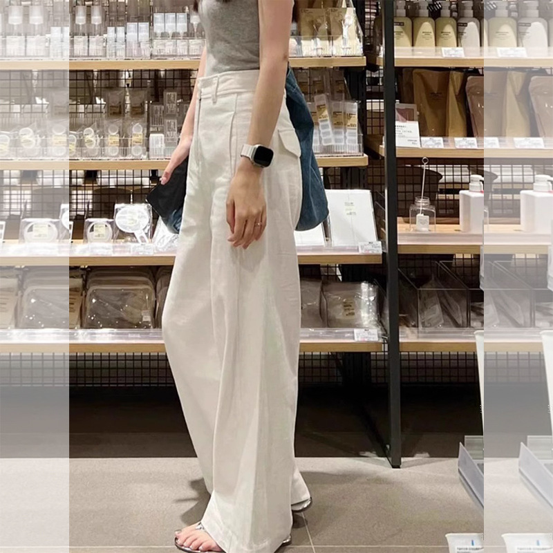 White High-Waisted Cotton and Linen Wide-Leg Pants for Women in Summer, High-End and Drapedy, Straight-Leg Casual Pants for Small People, Loose and Slim for Spring