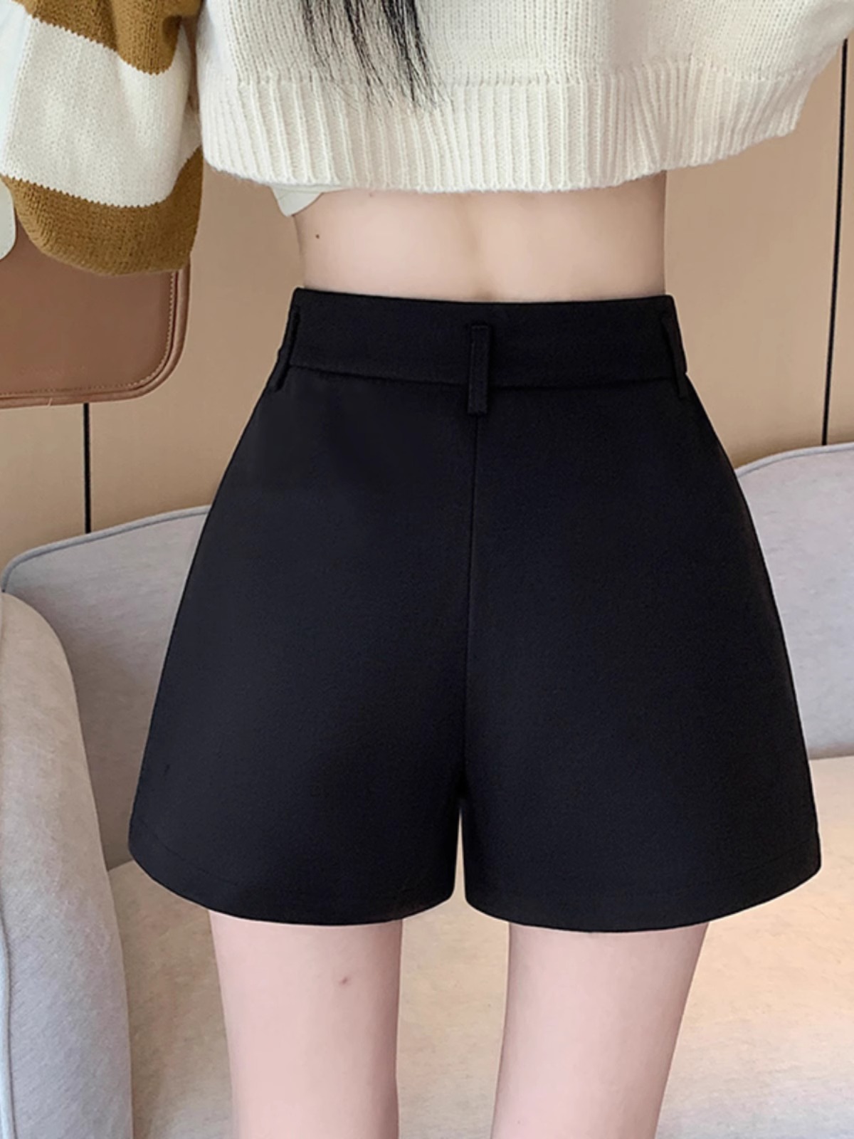 Black Woolen Suit Shorts Women's Autumn and Winter Outer Wear Base Boots Pants Fashion High Waist Loose Casual A- Shaped Wide Leg Pants