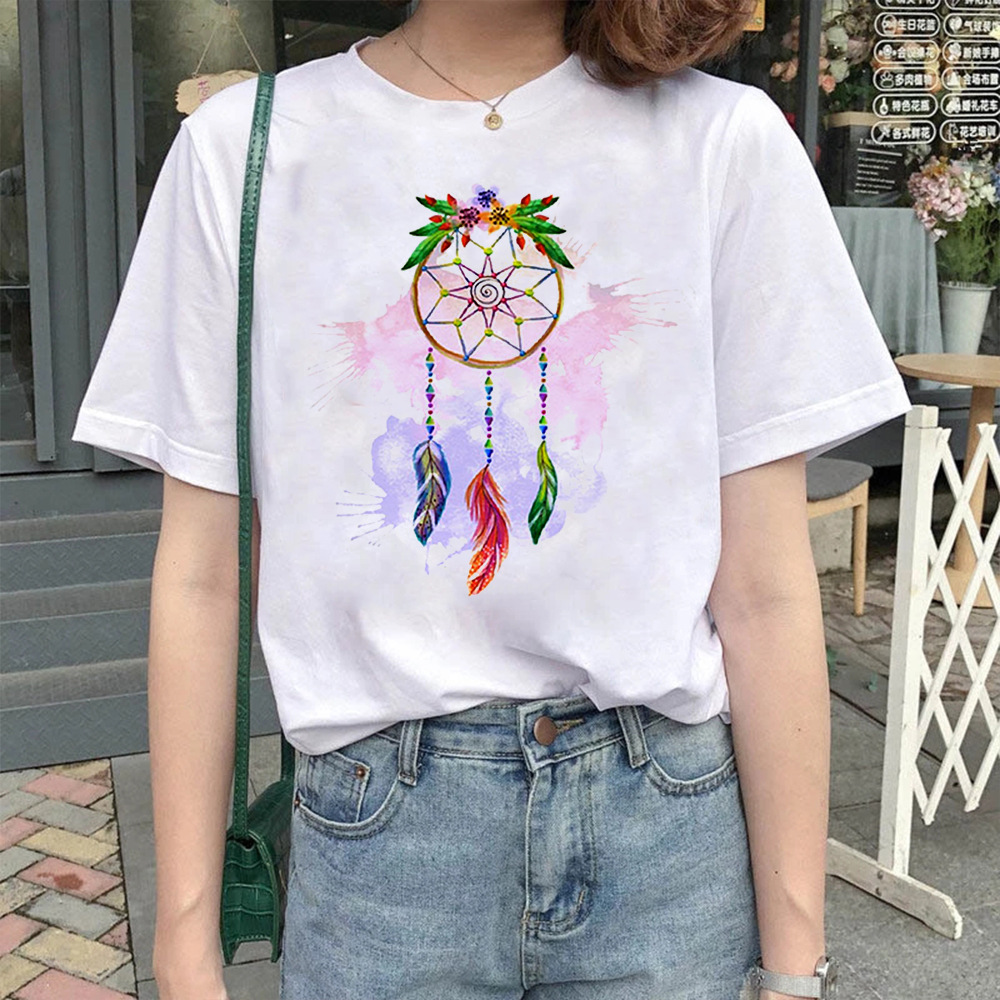 2021 spring women's new color feather wind chimes pattern fresh sweet pullover modal short sleeve t-shirt