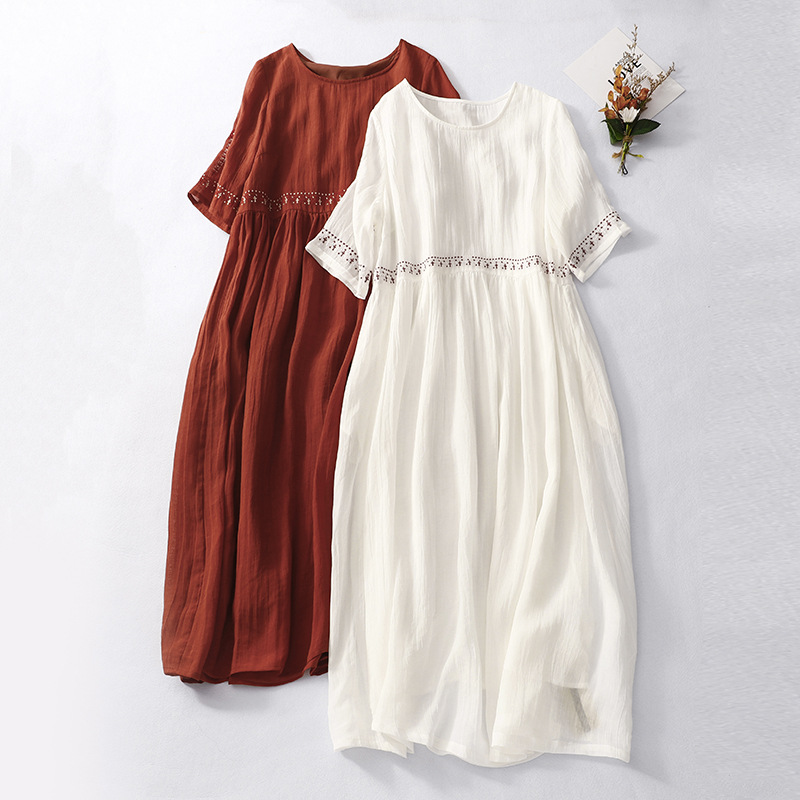 2023 Summer Round Neck Short Sleeve Cotton Linen Dress for Women, Artistic Retro Loose Embroidered Long Dress, Artistic Retro Style