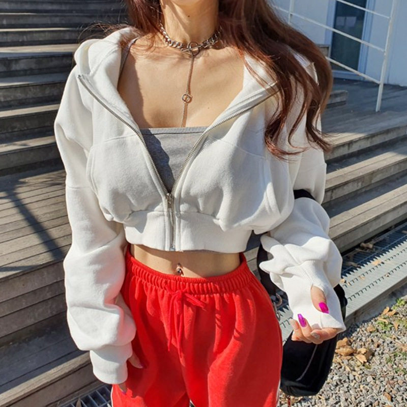 Pure Cotton 2024 Spring & Fall New Zipper Cardigan Jacket High-End Commercial and Trade American Hooded Sports Short Sweatshirt for Women