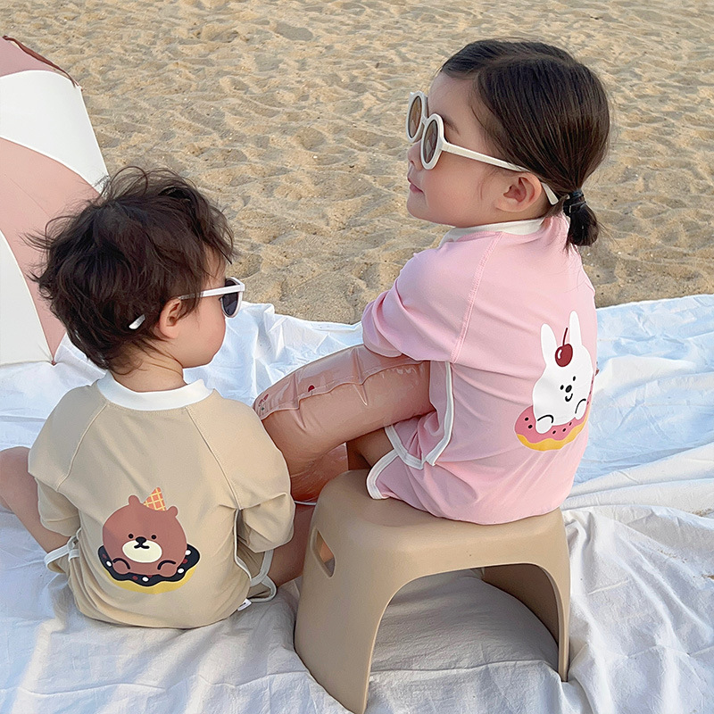 Korean New Kidsren's Swimsuit Girls One-Piece Long-Sleeved Sun Protection Swimsuit Ins Boys Infant Swimsuit Swimming Cap