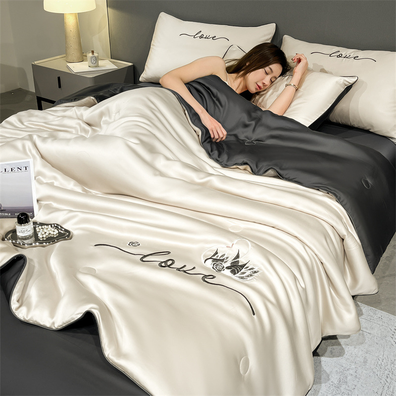 Picture of Washed Ice Silk Summer Quilt Four-piece Solid Color Embroidered Cool Air Conditioned Quilt Summer Gift Summer Quilt Summer Thin Quilt