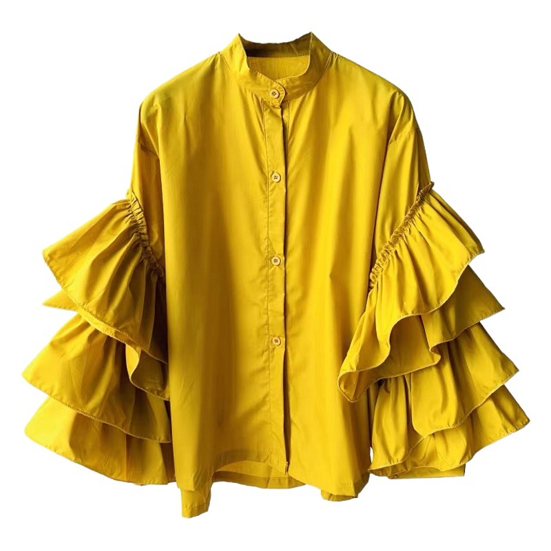 European and American Fashionable shirt Women's wish Multi-Layer Ruffled Horn Sleeve shirt Loose All-Match Small Vertical Collar Top