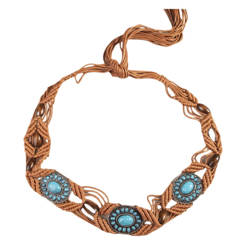 Middle East Internet Popular New Bohemian Style Alloy Turquoise Resin Beads Woven Knot Ethnic Style Women's Waist Rope