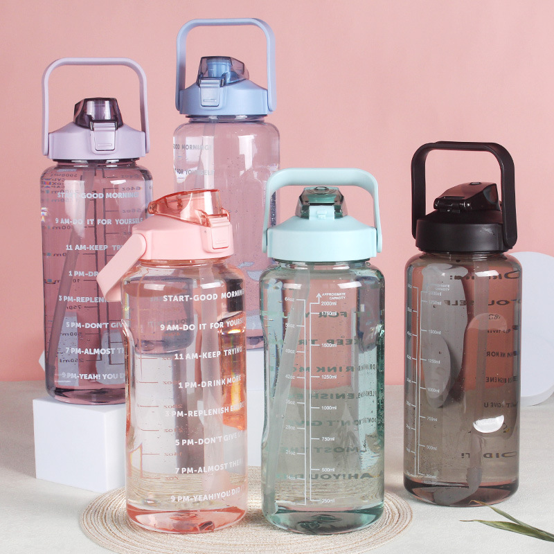 Sports water bottle 2000ml large capacity plastic water cup gym big belly cup straw space cup water bottle ton cup