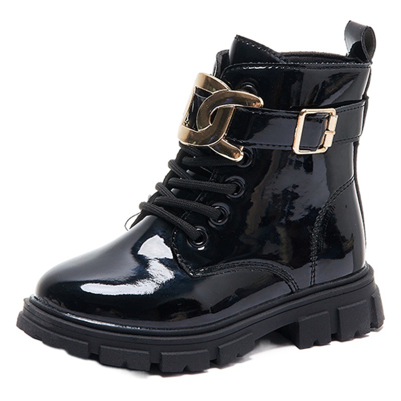 Girls' Boots British Short Boots Internet Celebrity Kidsren's Boots Autumn and Winter Princess Fashion Black Cotton Shoes Foreign Style Single Boots