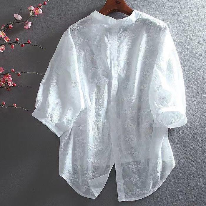 Picture of Fashion Literary Style Pastoral Style Embroidery Flower Lace Cotton Design Sense Front Short Back Long V-neck Shirt Women's Top for Summer