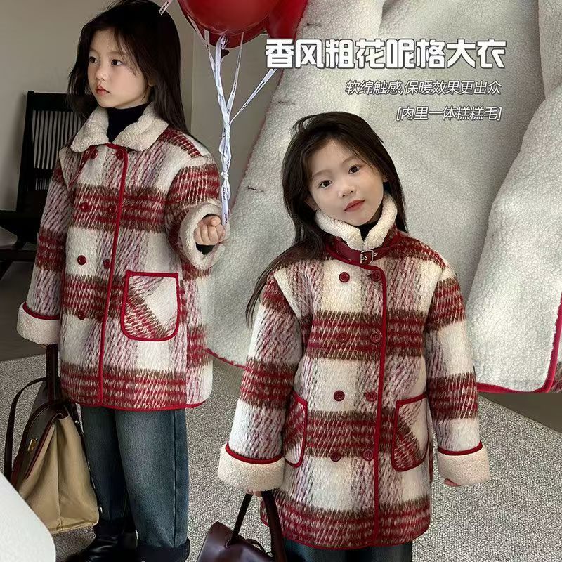 2024 New Girls' Woolen Coat Woolen Coat Mid-length Thickened fleece-lined Large Children's Plaid Autumn and Winter