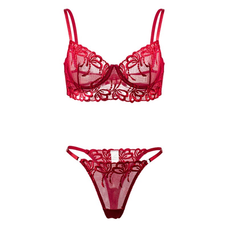 European and American women's sexy underwear set lace embroidery High sense steel ring bra briefs sexy Perspective 2 pieces
