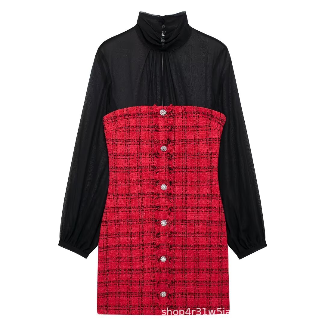 European and American Amazon Cross-Border Wholesale 2024 Autumn New Textured Splicing Mini Dress