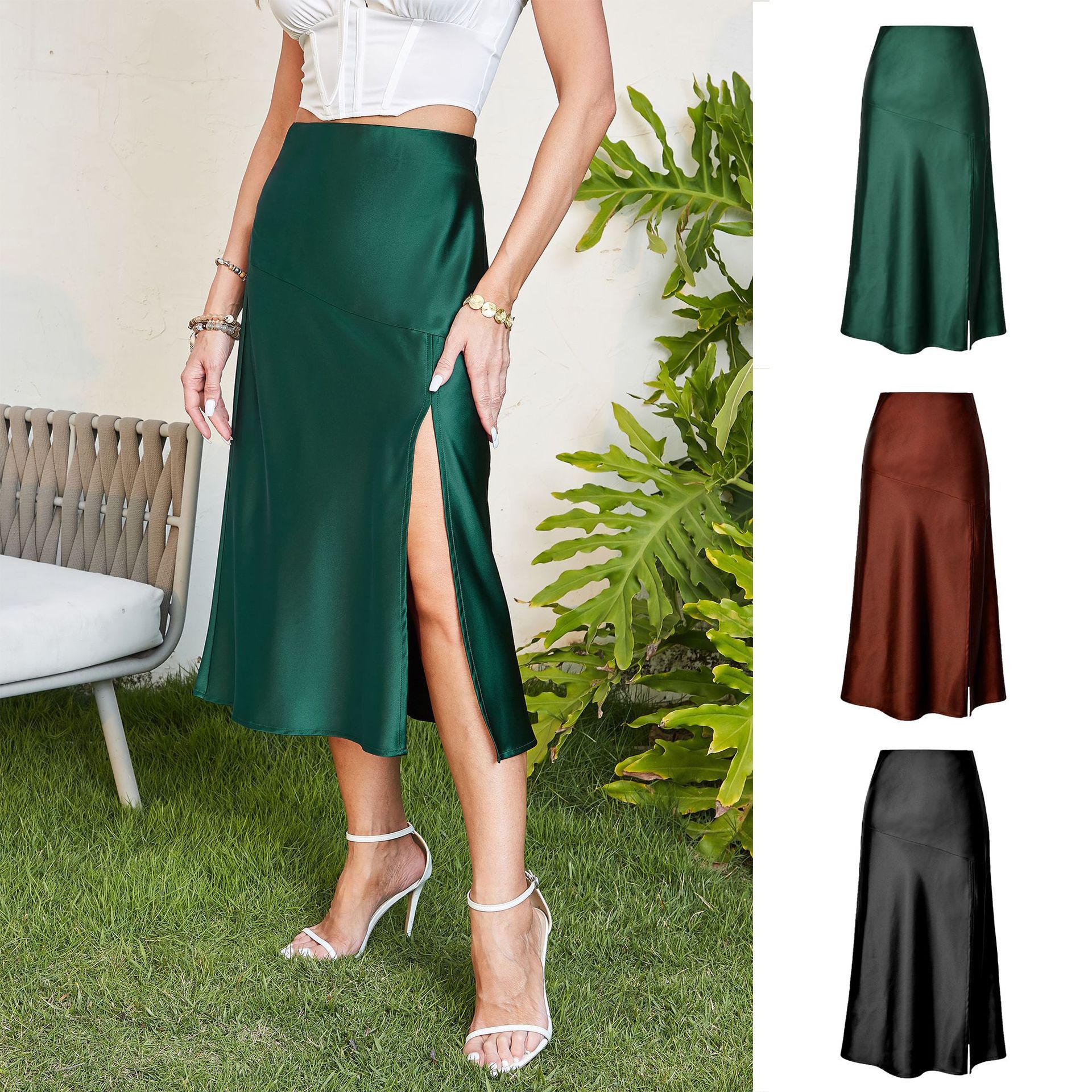 Amazon High Waist Glossy Satin Skirt High-End Silky Solid Color Split Long Skirt European and American Large Swing Skirt Women